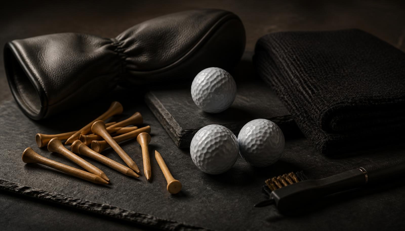 A moody flat-lay of golf gift items — balls, tees, a glove and a towel — on a dark slate surface under warm side lighting