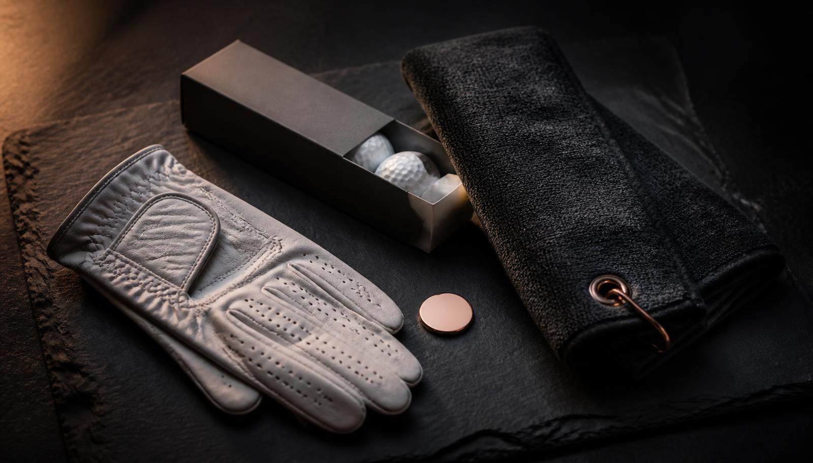 A dark, warmly lit arrangement of womens golf accessories including a glove, tees and a towel on a slate surface with shallow depth of field