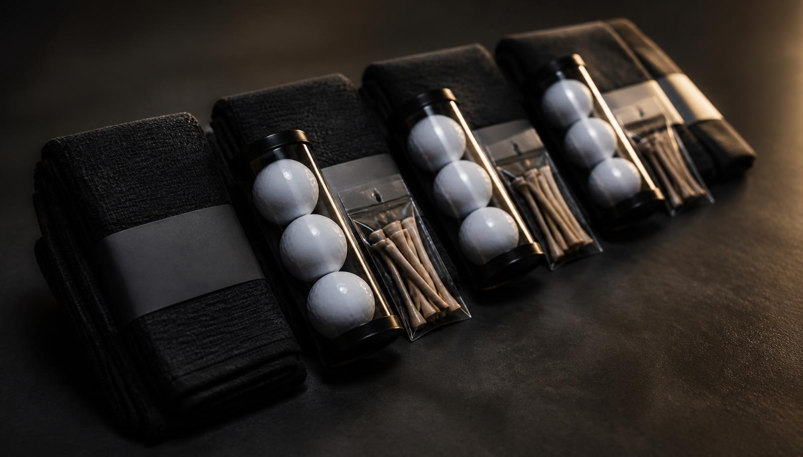 A row of tournament tee gifts — sleeves of golf balls, tees and towels — laid out on a dark table under warm directional light