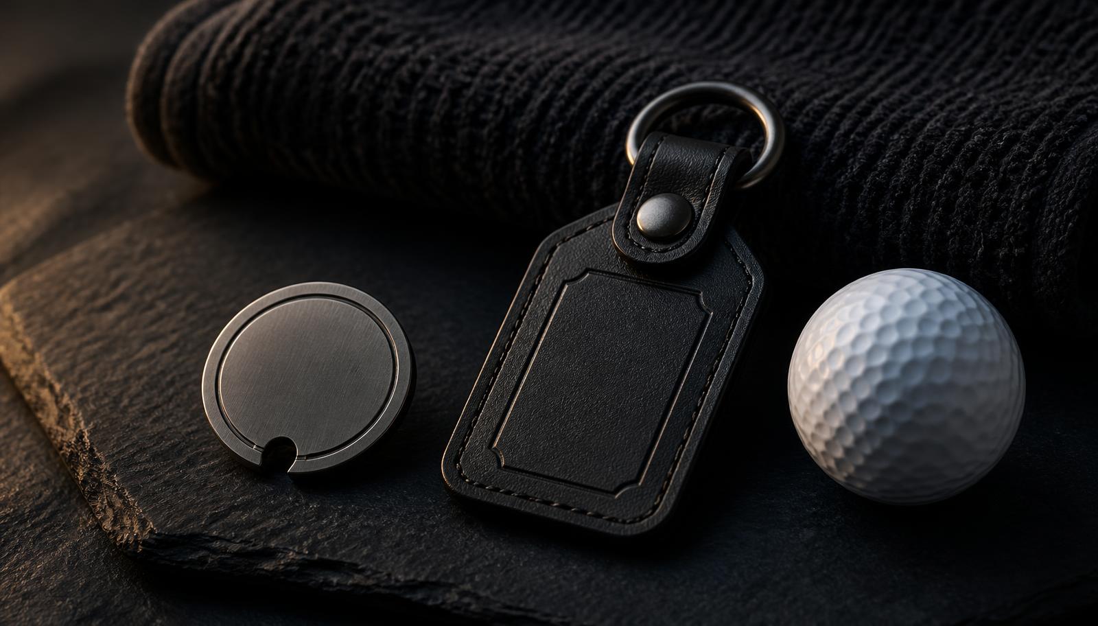 Personalised golf gear on a dark surface, including an engraved ball marker and a monogrammed towel, lit with soft warm light